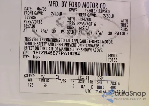 2007 Ford Ranger Fx4 Lvl Ii/Fx4 Off-Road/Sport/Xlt z USA, uszkodzony, nr VIN 1FTZR45E77PA16254